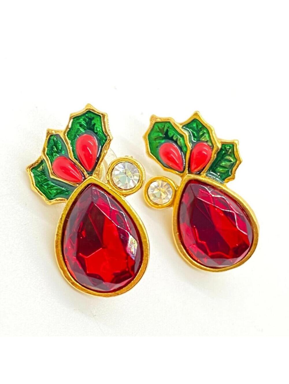VTG Avon Holly Berry Red Rhinestone Christmas Earrings